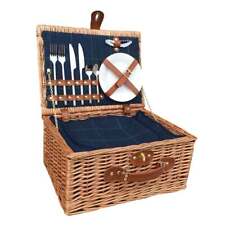 Luxury Wicker Picnic Hamper Blue Tweed Woven Basket Set Insulated 2 Person