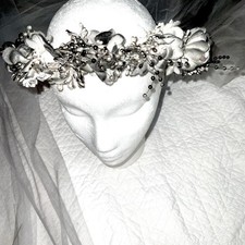 Corpse bride wedding veil painted Upcycled flower crown long net