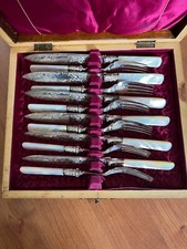 Antique Mother Of Pearl Handle Cutlery Set for 6 Forks & Knives In Wooden Box