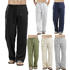 Mens Linen Baggy Trousers Elastic Waist Wide Leg Casual Loose Cotton Harem Pants