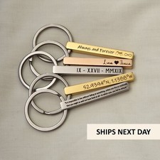 Personalised Keyring, Custom Bar Keychain, Engraved 4 sides, Name, Date, Steel