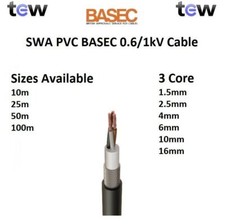 3 Core SWA PVC BASEC Armoured Cable Sizes 1.5mm, 2.5mm, 4mm, 6mm, 10mm, 16mm