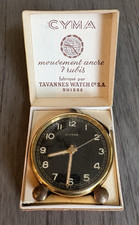 Vtg CYMA Black Dial Swiss Wind-up Alarm Clock Original Box by Tavannes (working)