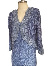 Ann Balon Italian Lace Mother of Bride Blue Flare Hem Occasion Dress & Jacket M