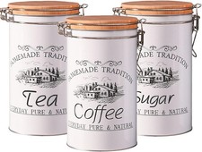 - 1000Ml Tea Coffee Sugar Canisters Set of 3 - Kitchen Food Storage Steel Jar -