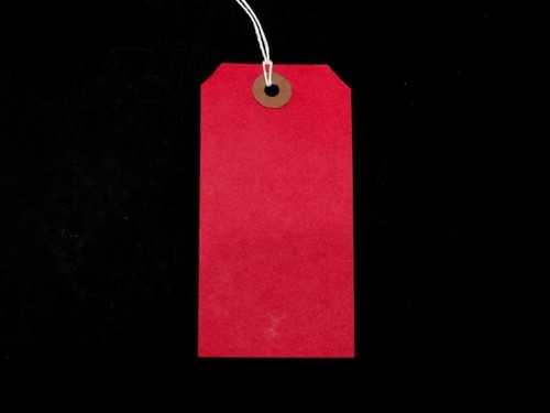 Red strung tie tags - on,