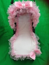 PRAM/PUSHCHAIR PINK FRILLY BLING BOW HOOD TRIM - UNIVERSAL - STUNNING - ROMANY