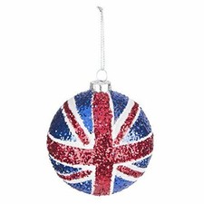 Gisela Graham Union Jack Sparkly Glitter Design Christmas Tree Bauble with Twine