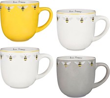 Set of 4 Bee Happy Printed Mugs Tea Coffee Cups Kitchenware Mug Premium Quality