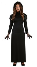 Victorian Gothic Costume & Veil Long Black  Ladies Fancy Dress Halloween 10-12