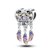 S925 Sterling Silver Charm For Bracelets Dream Catcher Heart Pink Edition