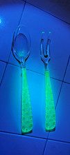 [Rare] Uranium Glass Salad Servers Set | Depression Vaseline Glass UV | Art Deco