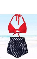 Retro Vintage Bikini Set Red Black Polka Dots High Waist Push Up, Size 4XL UK 18