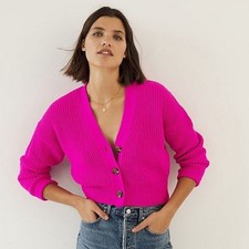 Maeve Sunny Cropped Chunky Cardigan in Fuchsia Hot Pink Anthropologie Medium $98