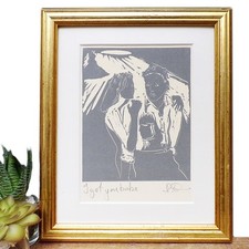 Original Signed Etching Framed Print Art Portrait Woman Man Small Line Drawing