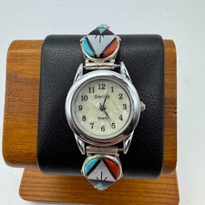 Womens Onyx, Coral, Turquoise Zuni Sterling Silver Inlay Band Watch