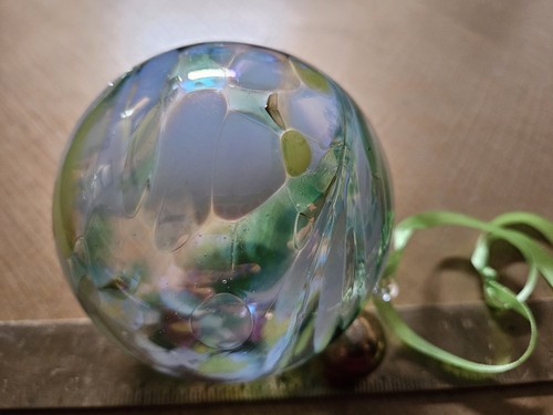 Handblown green gold and - green,