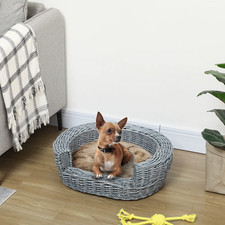 Elevated Pet Sofa Bed Dog Cat Couch Wicker Rattan Basket with Cushion Grey 57cm