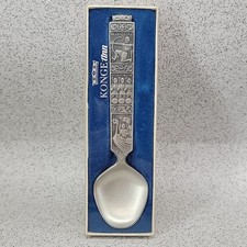 Vintage A S Konge Tinn Pewter Spoon In Box Heilag Olav & Viking Ship Design