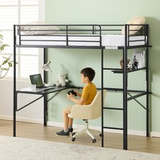 High Sleeper Bunk Bed Loft Cabin Bed Metal Frame Desk Kids Single With LED Black