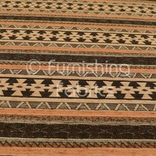 Traditional Medallion Kilim Stripe Pattern Orange Brown Colour Upholstery Fabric