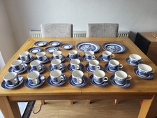 Vintage Churchill Blue White Willow Coffee Tea Cup and Saucer Set  and 2 Plates