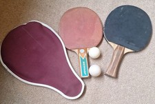A pair of Vintage Table Tennis Bats and a bat bag case, dunlop Armstrong and vic