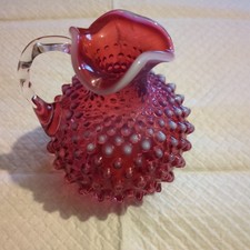 Vintage Fenton Opalescent Cranberry And Vaseline Hobnail Jug Free P&P