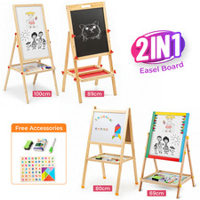 ADJUSTABLE CHILDREN KIDS 2 IN 1 BLACK / WHITE WOODEN EASEL CHALK DRAWING BOARD