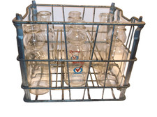 VINTAGE MORNING GLORY Metal Milk Crate 4 w/creamer top 2 regular bottles