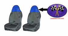 BLUE / BLACK, Waterproof / Resistant Front Seat Covers Pair. Chequered Flag Logo
