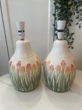 2 Ceramic Floral Cottage Lamps Painted Crocus Cream Floral Vintage Pair