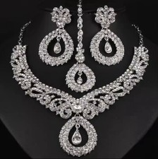 3 Pcs Indian Silver Plated Tikka Earrings Necklace Jewellery Set*Uk Seller*