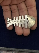 MEXICO 925 Sterling Silver Vintage Fish Bones Brooch Pin 2.6”, Skeleton T6-114