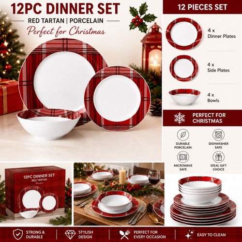 12pc red tartan porcelain - tartan,