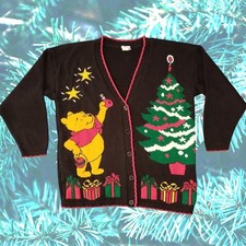 Vintage 90s Disney Winnie The Pooh Christmas Tree Cardigan Sweater Womens Sz L