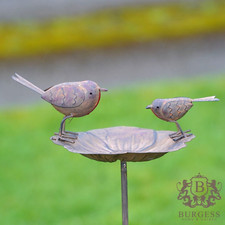 Robin on Flower Bird Feeder Bath | Large Metal Robins Garden Ornament Outdoor