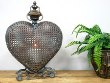 Unusual Large Antique Vintage Style Metal Heart Candle Tealight Holder Lantern