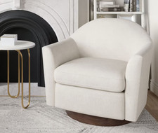 West Elm Haven Swivel Armchair – Cream Fabric, Dark Walnut Base – Modern Lounge 