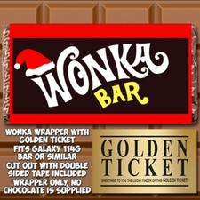 Wonka Chocolate Bar Wrapper + Golden Ticket Willy Gift Novelty Christmas Xmas 
