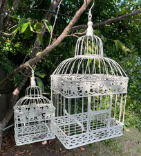 Set of 2 Aged Cream Metal Vintage Style Hanging Bird Cage Basket Planter Display