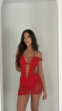 Red Rhinestone Fishnet Mini
