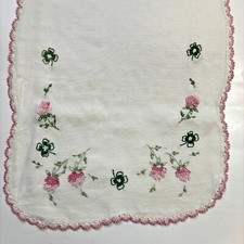 Shamrock Embroidered Linen Dresser Scarf Runner Lace Cottage Core Granny Vtg
