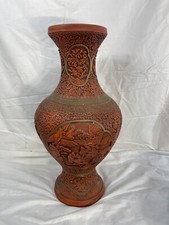 LARGE  20” ANTIQUE CHINESE RED CINNABAR Style CARVED FLOOR VASE ORIENTAL
