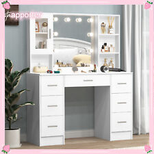 White Dressing Table With Hollywood LED Mirror 7 Drawer Vanity Makeup Desk UK