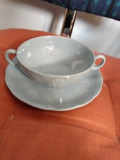 rare Grindley petal ware blue twin handled soup cups +saucers 4 pairs av vintage