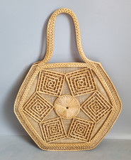 Vintage Wicker Rattan Woven Shopper Tote Bag Hexagonal Top Handle 39cm