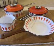 Set Original Vintage Catherine Holm Denmark Pans. Orange Lotus Pattern 