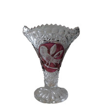 1970s Hofbauer BYRDES Cut Crystal Glass Vase 8” Rose Red Three Birds