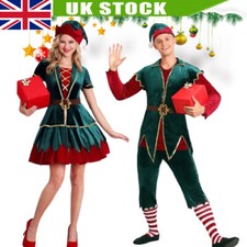 Adult Elf Costume Christmas Fancy Dress Santas Helper Xmas Ladies Men Outfits.